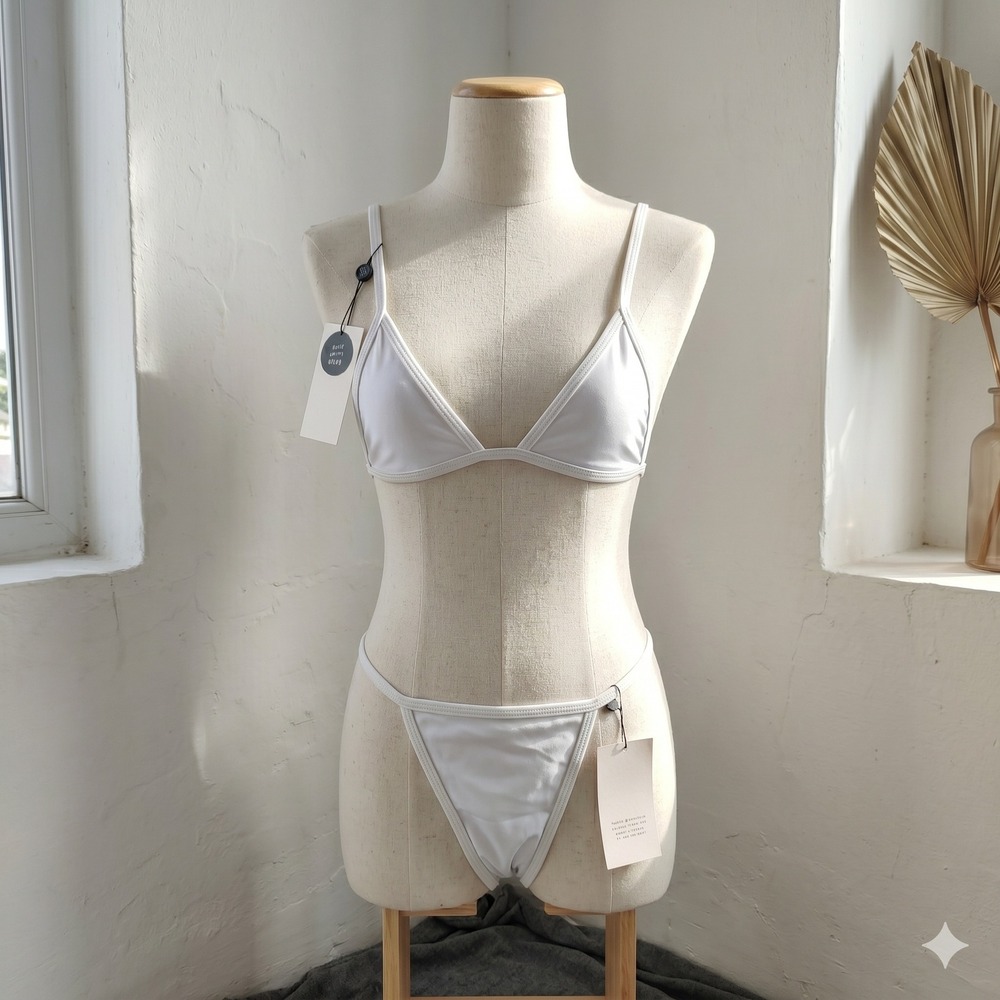 Basic Swim Bikini Set Womens Small‎ White Triangle Top High Cut Thong Minimalist